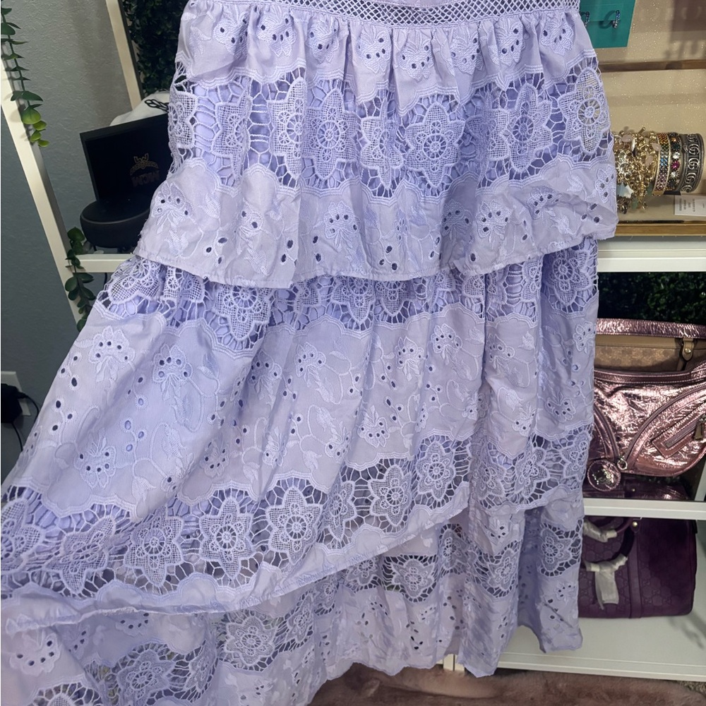 Just Me Lilac Lavender Eyelet Lace Midi 3 Tiered Dress - Picture 12 of 13
